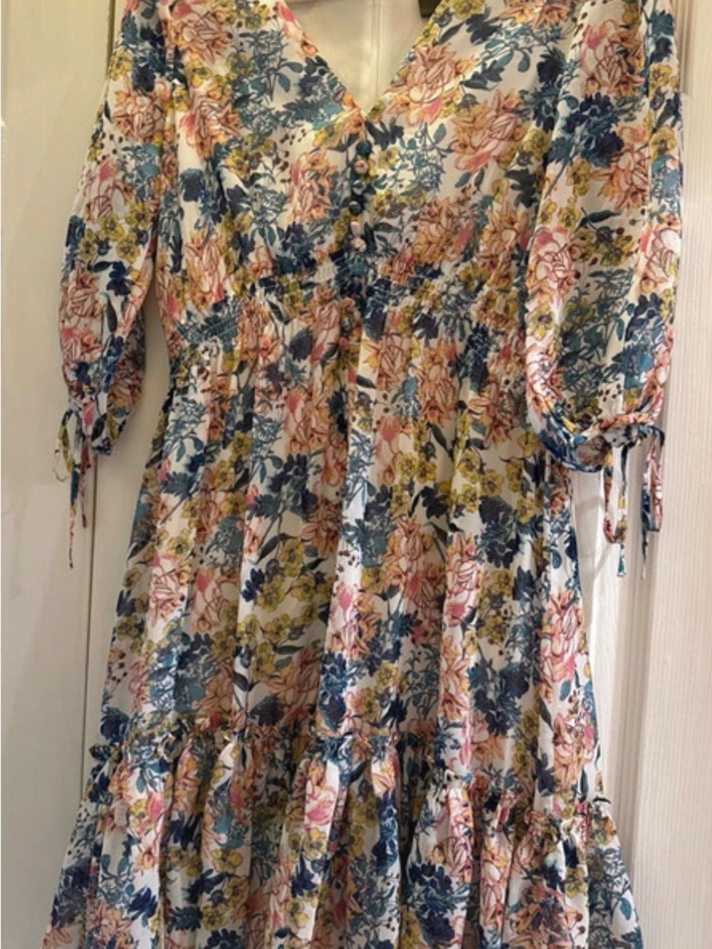 Taylor Floral Wrap Midi Dress in Blue, Pink & Yellow